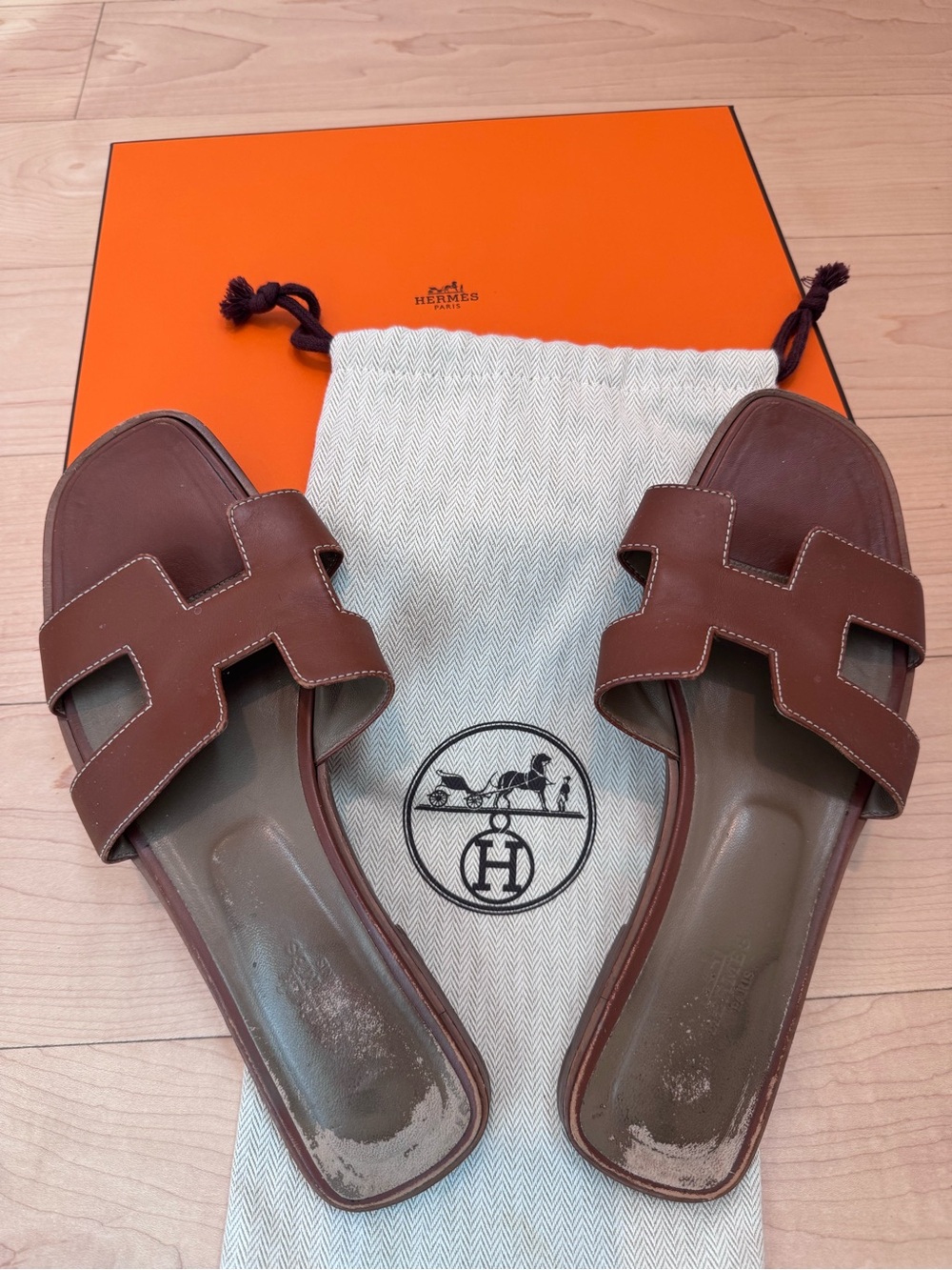 Hermes Oran Leather Slide Sandals Brown